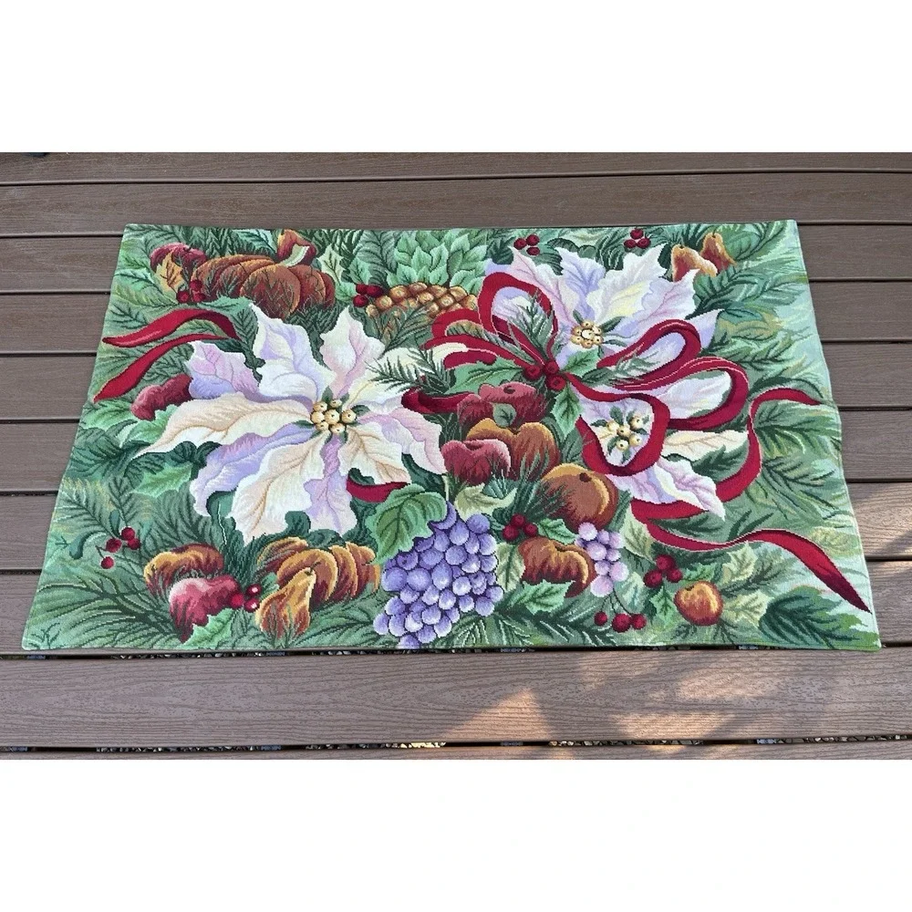 Holiday Tapestry Rug 3'x5' 100% Wool Needlepoint Poinsettia Floor Mat Christmas